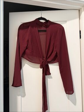 Tobi Burgundy Tie-Front Sheer Long-Sleeve Top